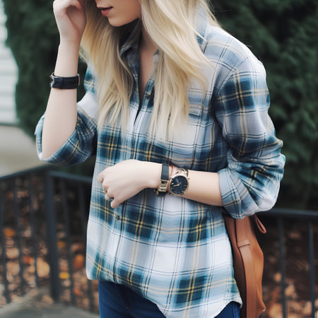 Outdoor fashion portrait of young beautiful hipster woman in checkered shirtの素材