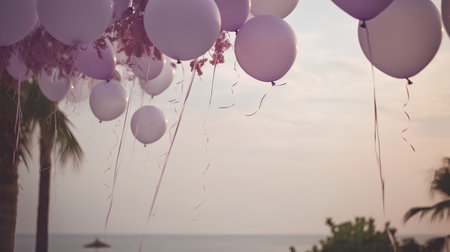 Bunch of purple and white balloons on the beach at sunset.の素材