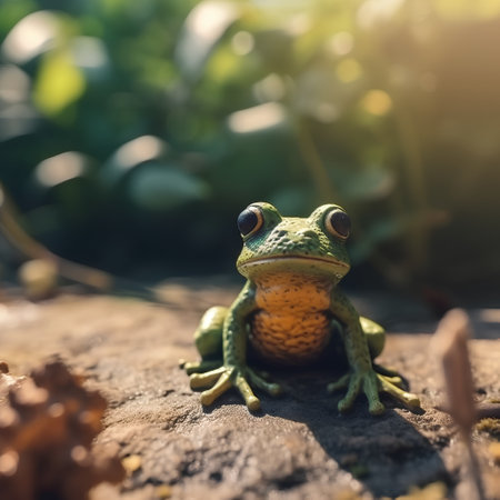 Frog sitting on the ground with sun light and bokehの素材