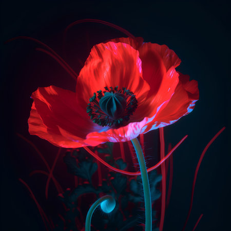 Beautiful red poppies on a dark background. 3d renderingの素材