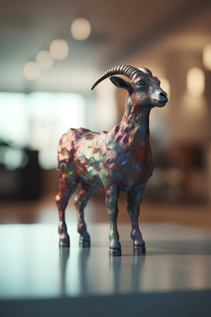 Miniature goat statuette on table. 3D rendering.の素材
