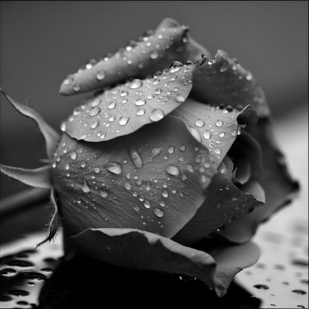 Beautiful rose with water drops close up. Black and white photo.の素材