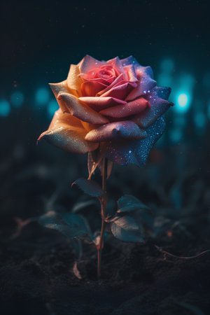 Beautiful rose flower with dew drops on dark background with bokeh lightsの素材