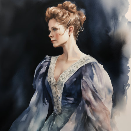 Watercolor portrait of a beautiful young woman in a blue dress.の素材