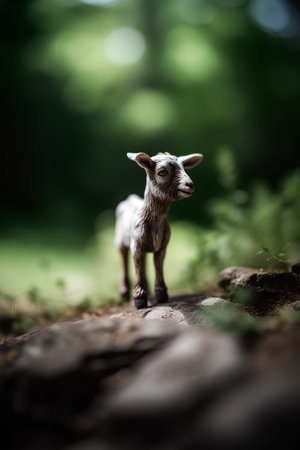 Miniature goat standing on the stone in the forest. Selective focusの素材