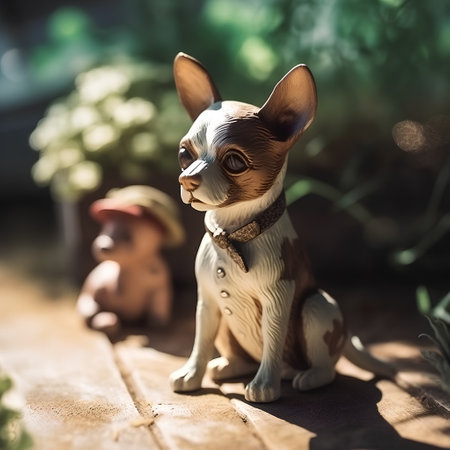 Miniature figurines of a chihuahua in the gardenの素材