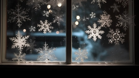 Snowflakes on a window with bokeh lights at nightの素材