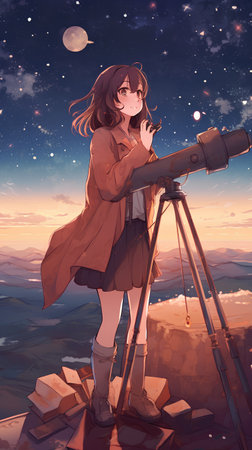 Girl looking through a telescope in the night sky. 3d illustrationの素材