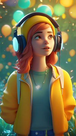 3d illustration of a beautiful girl with headphones listening to music.の素材