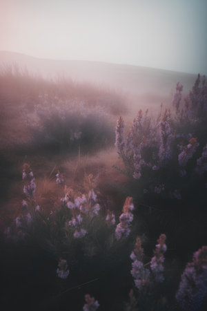 Beautiful purple heather flowers in the meadow at sunrise.の素材