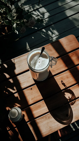 Coffee in a white cup on a wooden table in the sunlightの素材