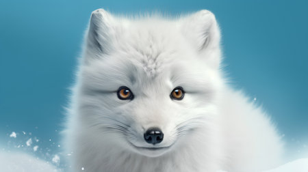 Portrait of a cute white fox with yellow eyes on a blue backgroundの素材