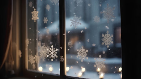 Snowflakes on the window in the evening. Christmas concept.の素材