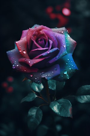Beautiful colorful rose with water drops on petals. Floral backgroundの素材
