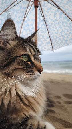 Portrait of a cat lying on the beach under an umbrella.の素材