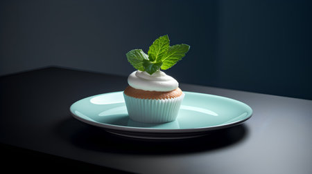 Cupcake with mint leaf on blue plate on black background.の素材