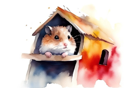 Hamster in a wooden house. Watercolor illustration isolated on white background.の素材