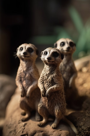 Group of meerkats standing on a rock looking at the cameraの素材