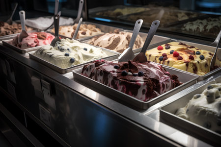 Different flavors of ice cream in a shop. Selective focus. Toned.の素材