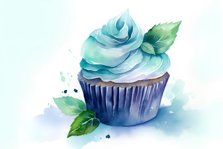 Cupcake with mint. Watercolor illustration on white background.の素材