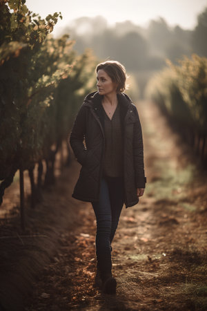Young woman walking in vineyard in autumn, looking at camera.の素材