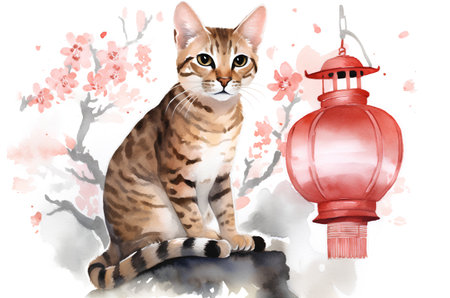 Cute cat with red lantern. Watercolor hand drawn illustration.の素材