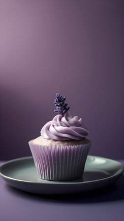 Cupcake with lavender on a purple background. Toned.の素材