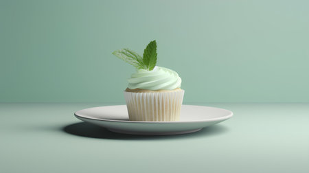 Cupcake with mint leaf on a plate. 3d renderingの素材