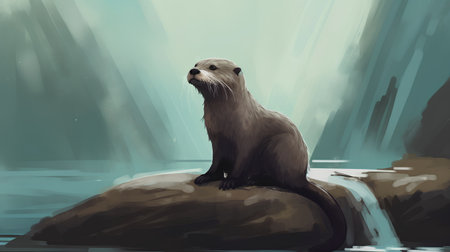 Otter sitting on a rock in the water, vector illustrationの素材