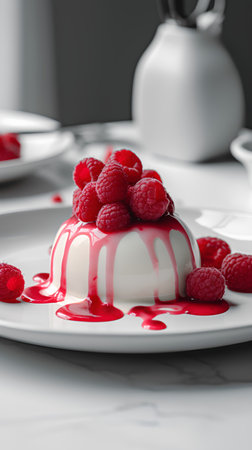 Panna cotta with raspberries on a white plate.の素材