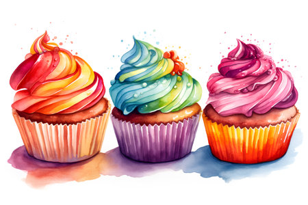 Hand drawn watercolor cupcakes isolated on white background. Vector illustration.の素材