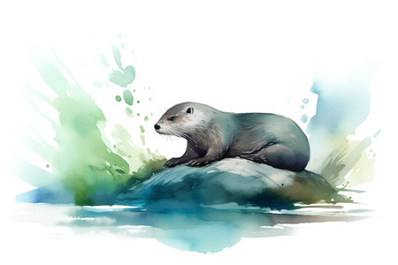 Otter on the rock. Watercolor illustration on white backgroundの素材