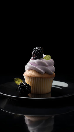 Delicious cupcake with blackberry and cream on black background.の素材