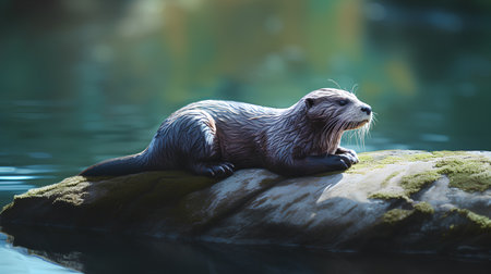 Otter sitting on a rock in the water. Wildlife scene.の素材