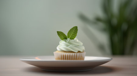 Cupcake with mint leaf on a white plate on a wooden tableの素材