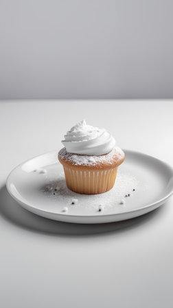 cupcake with whipped cream on a white plate. 3d renderingの素材