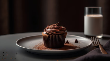 Chocolate cupcake with chocolate cream on a plate with a glass of milkの素材