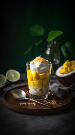 Mango dessert with whipped cream and coconut flakes in a glass on dark backgroundの素材
