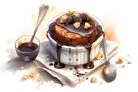 Chocolate Souffle with caramel and berries. Watercolor illustrationの素材