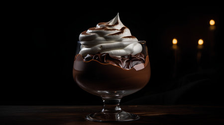 Hot chocolate with whipped cream in a glass on a dark background.の素材