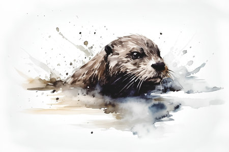 Watercolor illustration of an otter in watercolor splashes.の素材