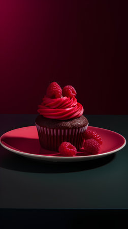 Cupcake with raspberries on a red plate on a dark backgroundの素材