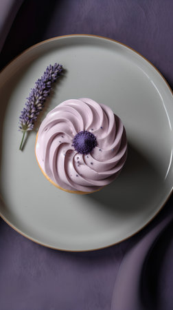 Cupcake with purple cream and lavender on a plate.の素材