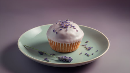 Cupcake with lavender on a plate. 3d renderingの素材