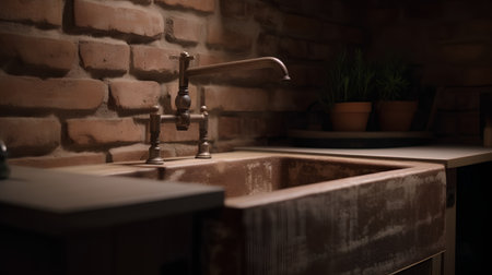 Kitchen faucet and sink in a dark room with brick wallの素材