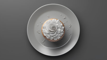 Cupcake with white rose on a plate. 3d renderingの素材