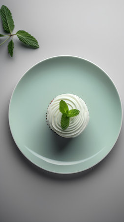 A cupcake with whipped cream and mint leaves on a green plateの素材