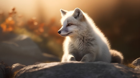 Portrait of a wild fox sitting on a rock in the sunlightの素材