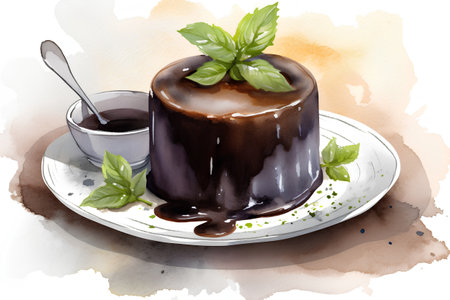 Chocolate pudding with mint and syrup. Watercolor hand drawn illustrationの素材