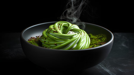 Matcha green tea cake on a black background. Close up.の素材